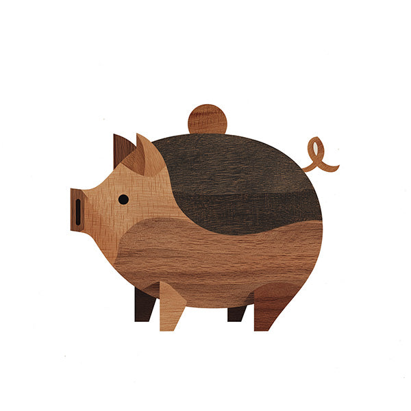 Stylized graphic of piggy bank with coin 