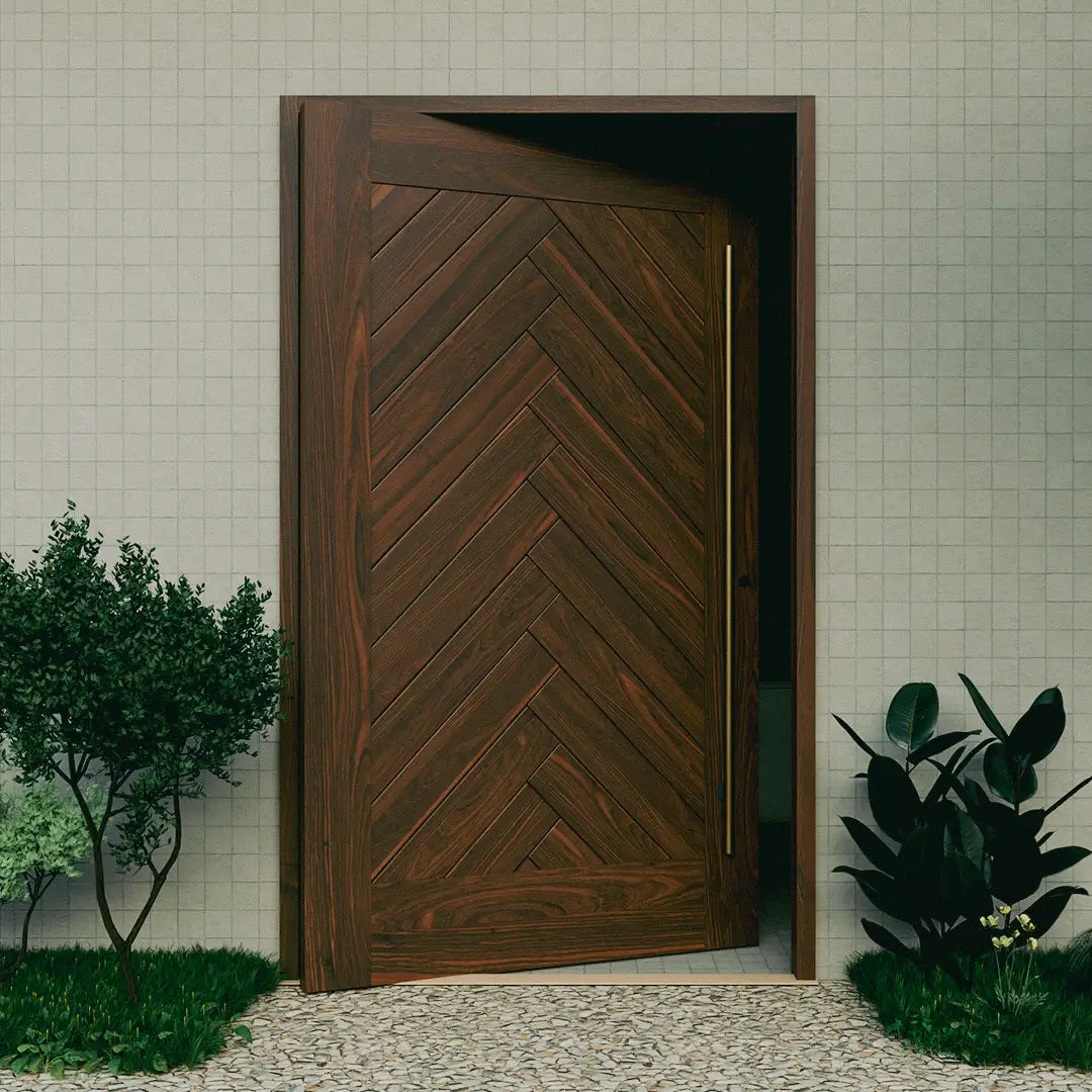 Modern and elegant solid wood chevron Pivot door on a white wall