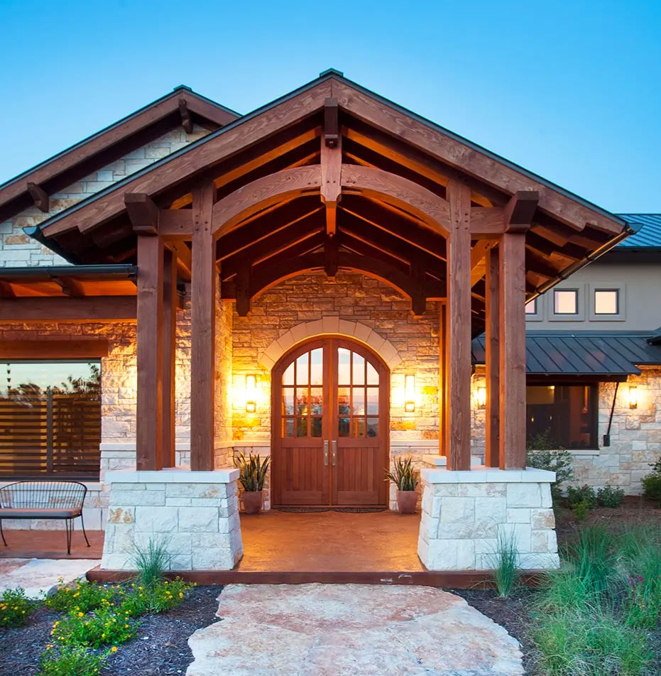 Double arched front door with glass panes