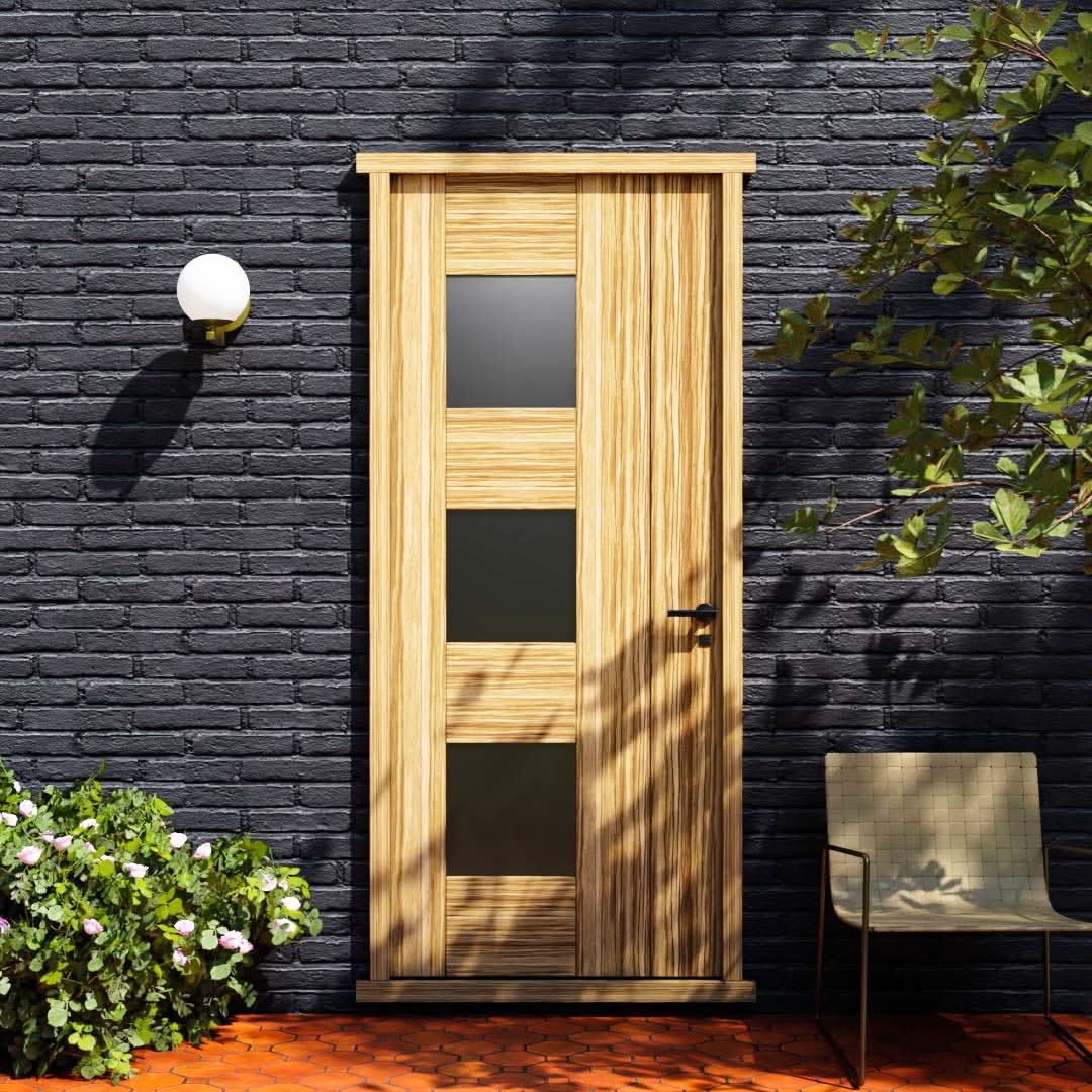 Walnut Wood Mid-Century Modern Tri Window Entry Door