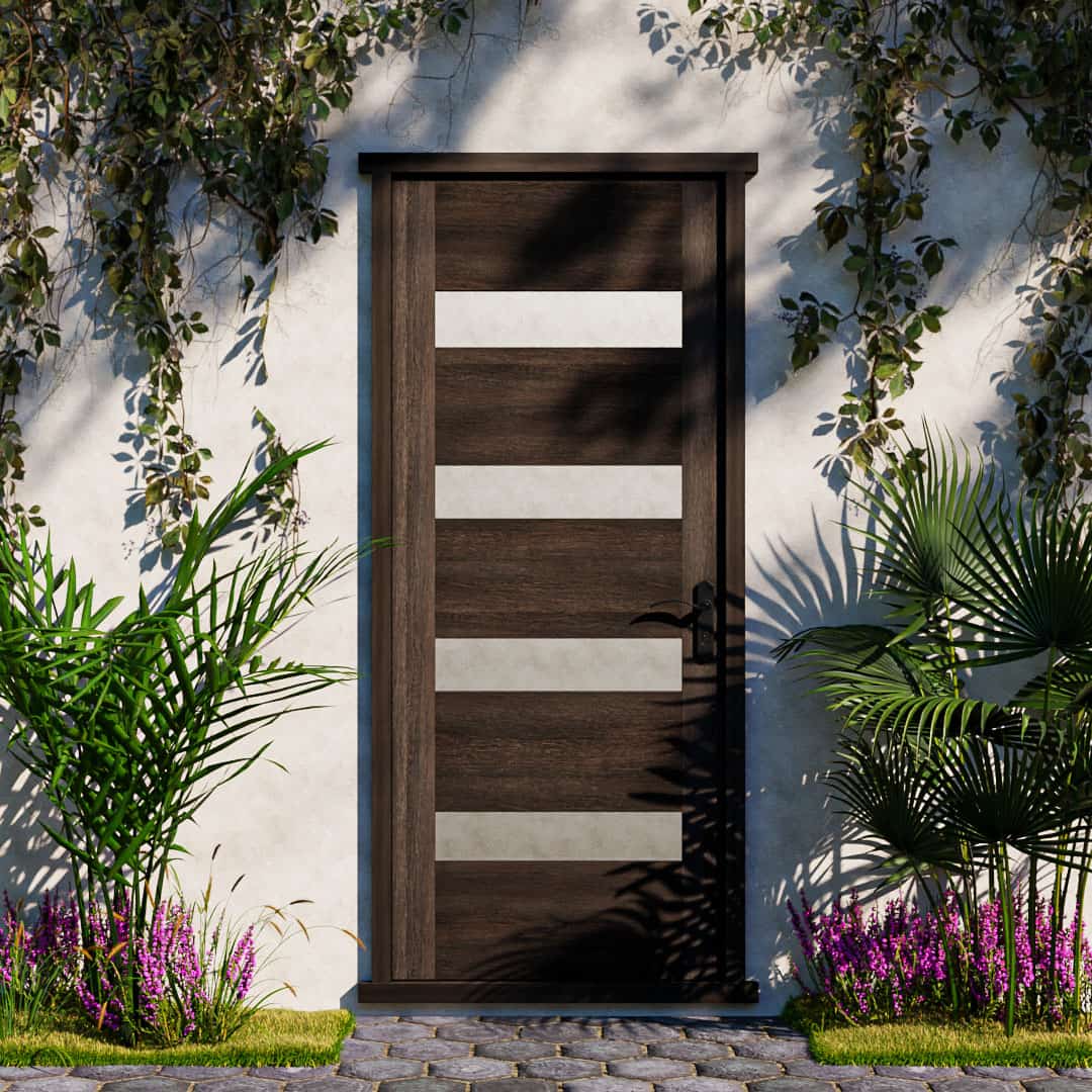 Narrow Four Panel Glass Solid Wood Exterior Modern Front Door