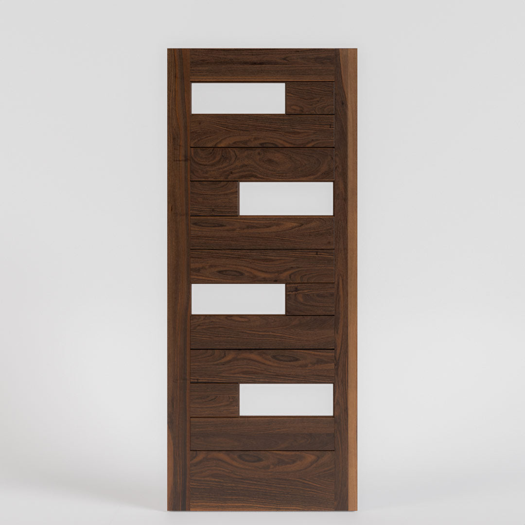 Ojai Offset Slat Modern Wood Front Door With Glass by Real Craft on a white background.