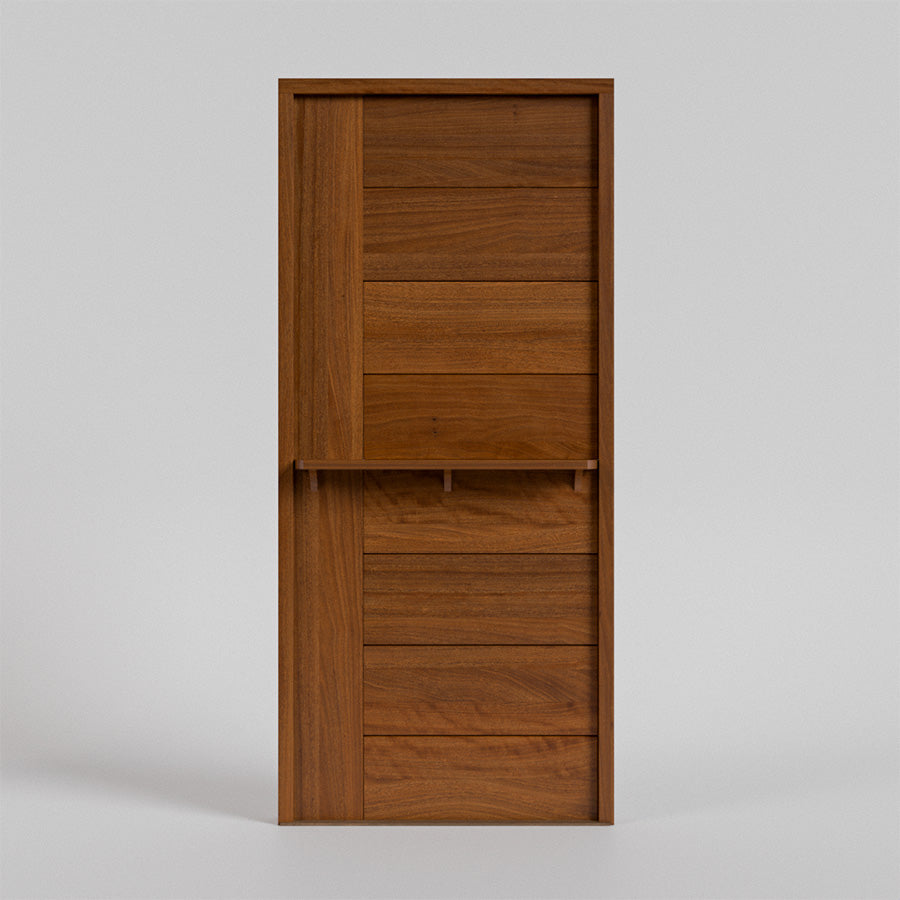 Wooden  dutch door with shelf 
with horizontal slats on a gray background