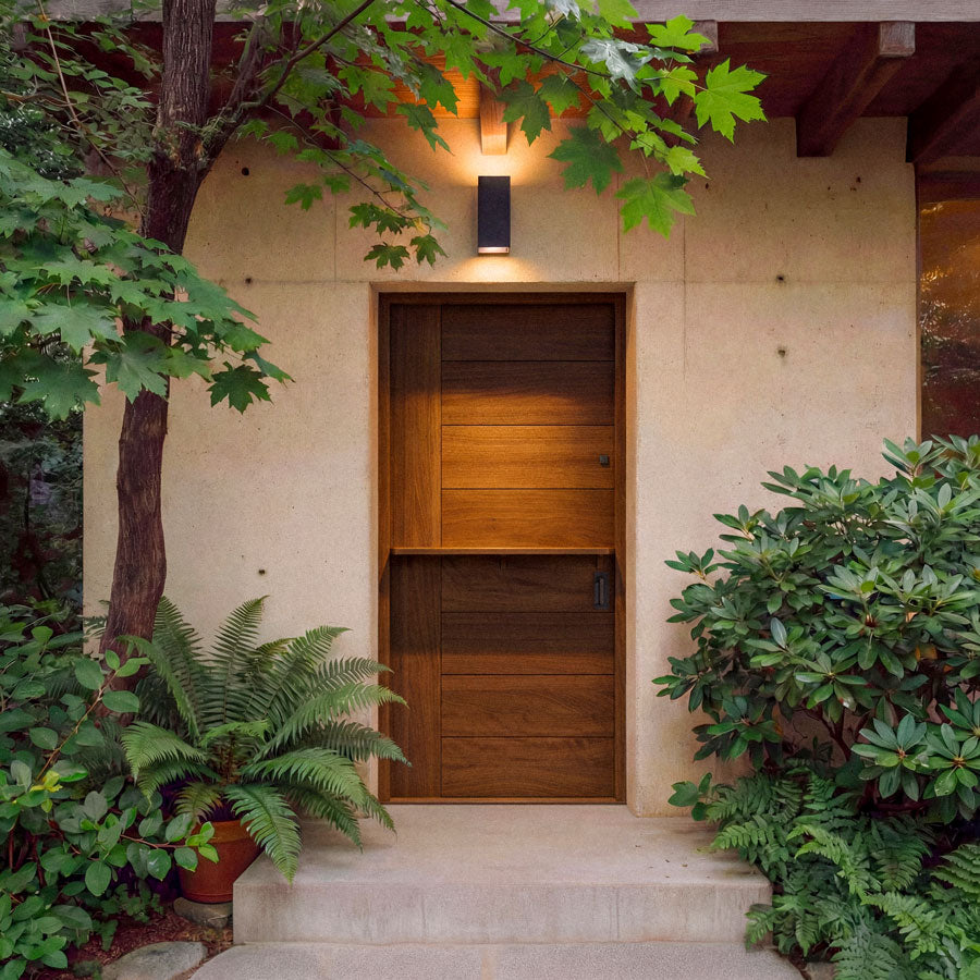 Wooden  dutch door with shelf 
with horizontal slats on a gray background