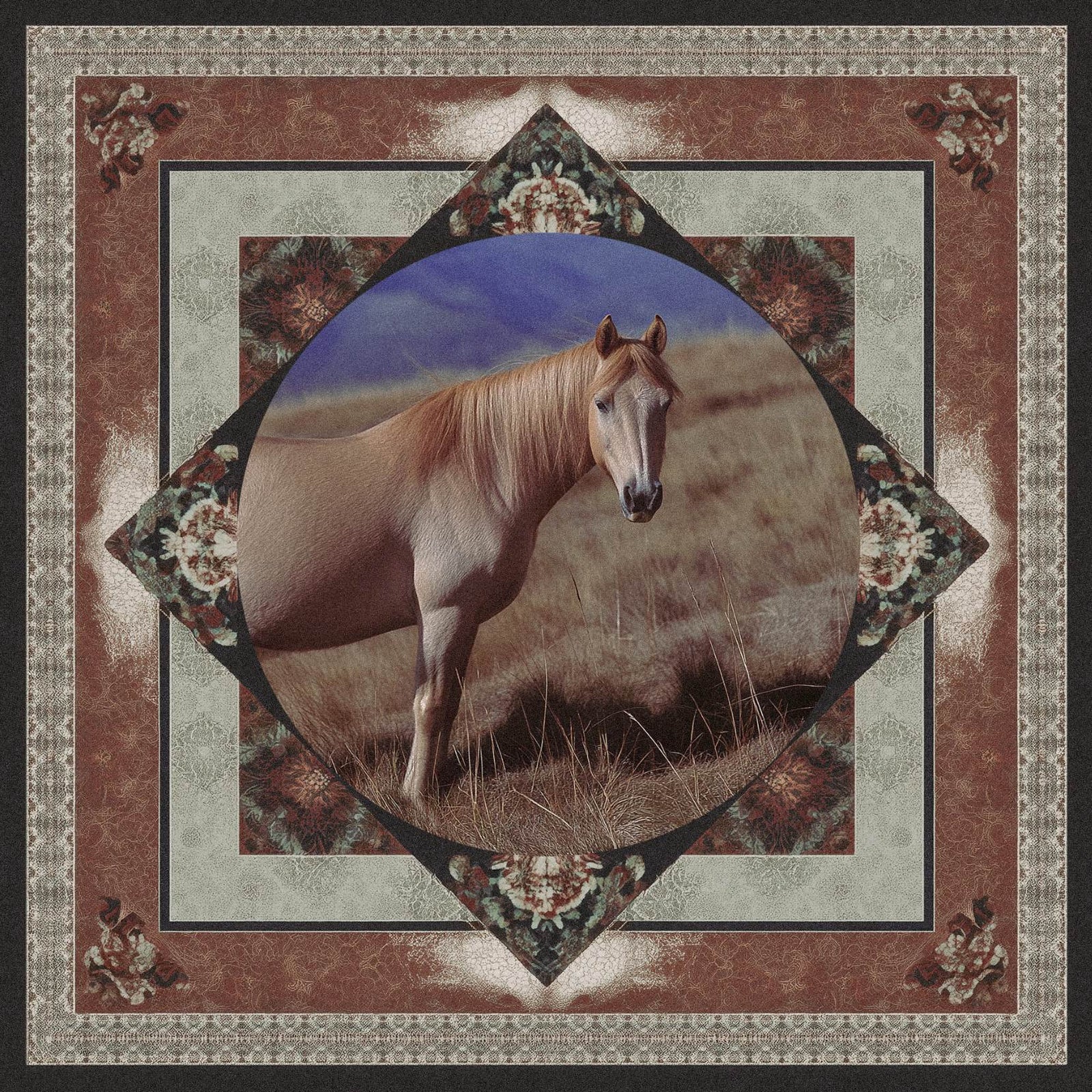 A long, horizontal wood countertop wall art piece made of various solid colors and patterns in reds, browns, yellows, and other earth tones. The background is white with no shadows or textures on it. This artwork would be used as an accent for the dining room table, sitting under that wall art, and to match its color scheme.