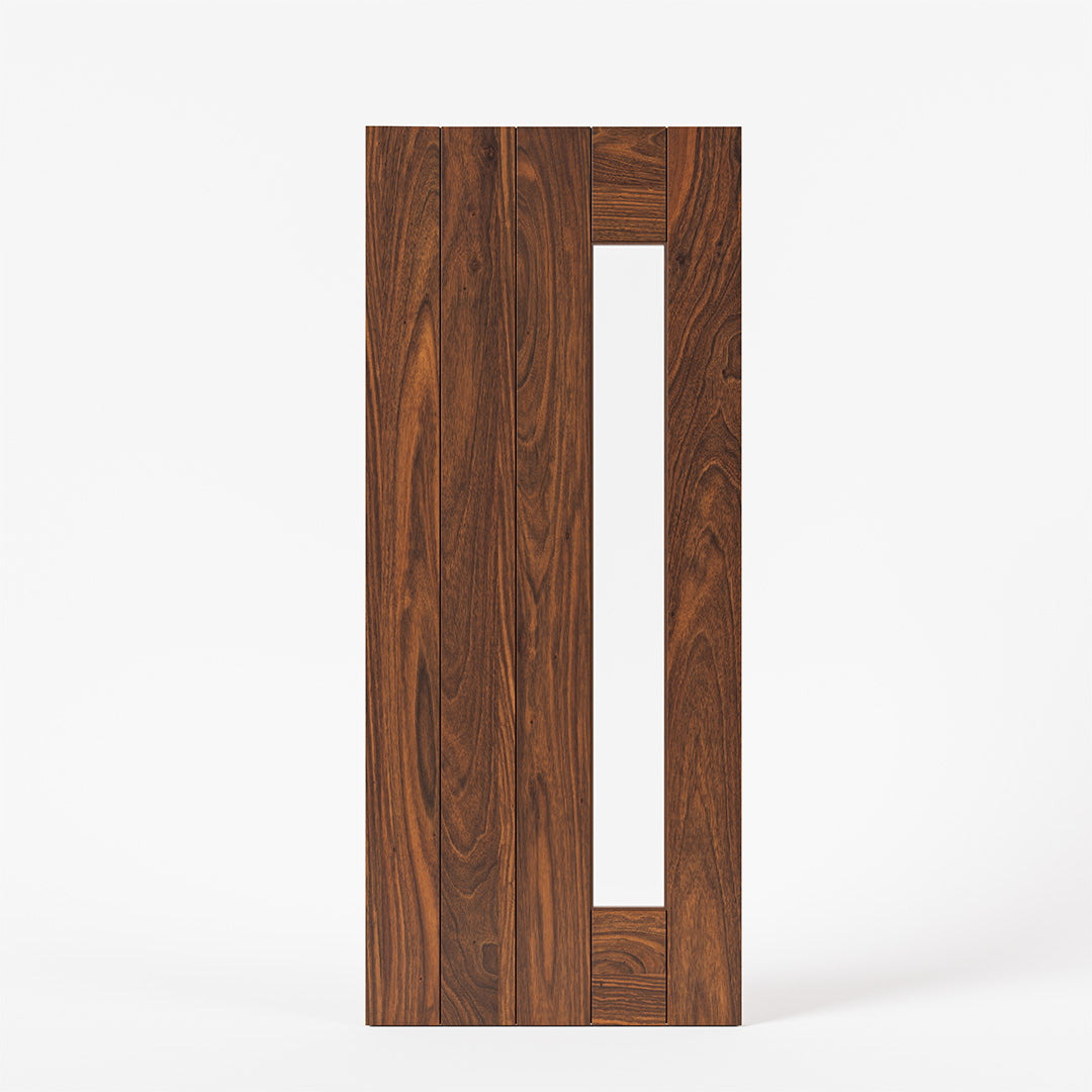 Carmel Mid-Century Modern solid walnut wood front door with slim vertical side window and plank detailing on white background.