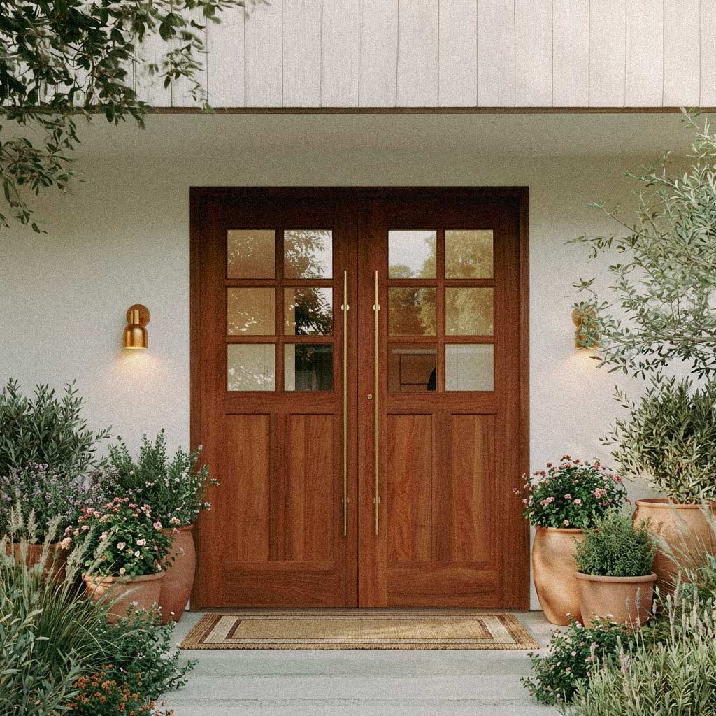 Wooden double doors with glass panels on a white background