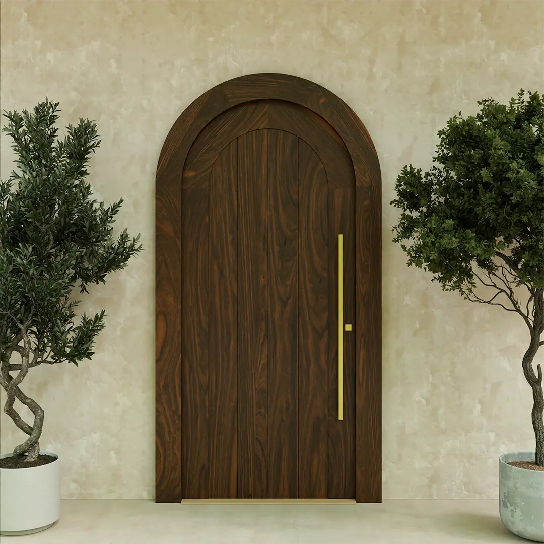 Solid Wood Round Top Entry Door on a white wall at sunset