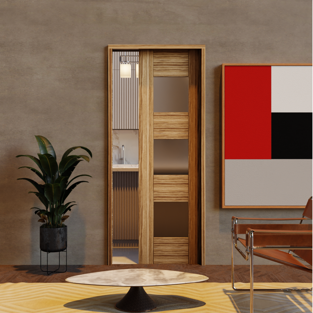 Walnut Wood Mid-Century Modern Tri Window Entry Door